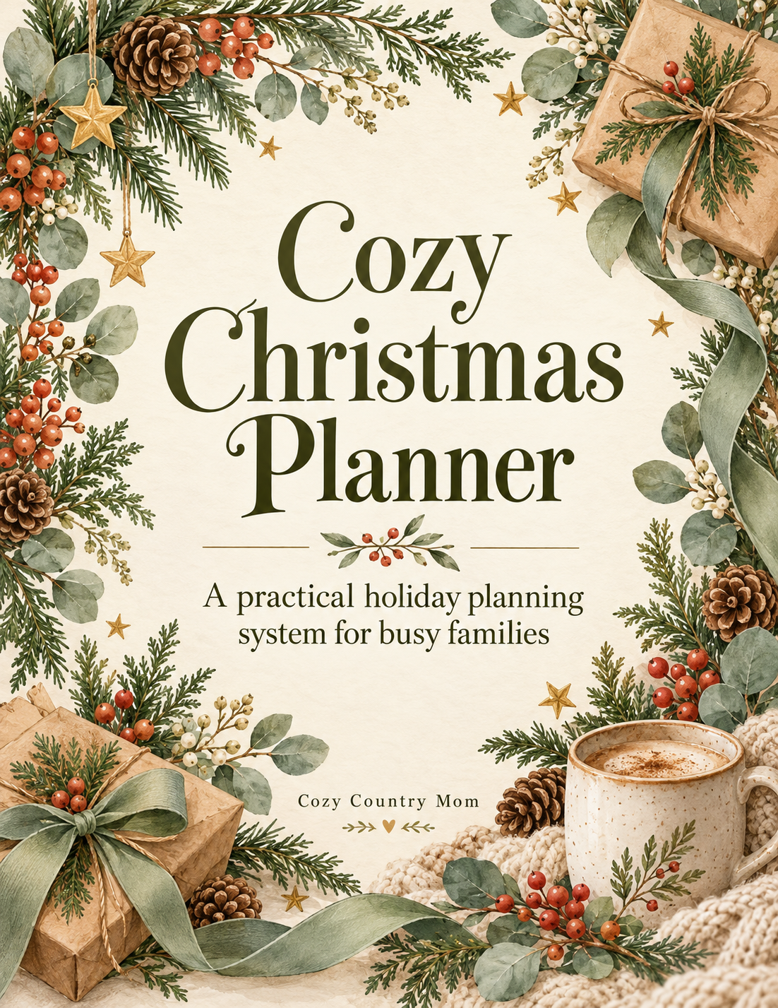 Cozy Christmas Planner cover framed with natural greenery, wrapped gifts, red berries, and a warm holiday drink