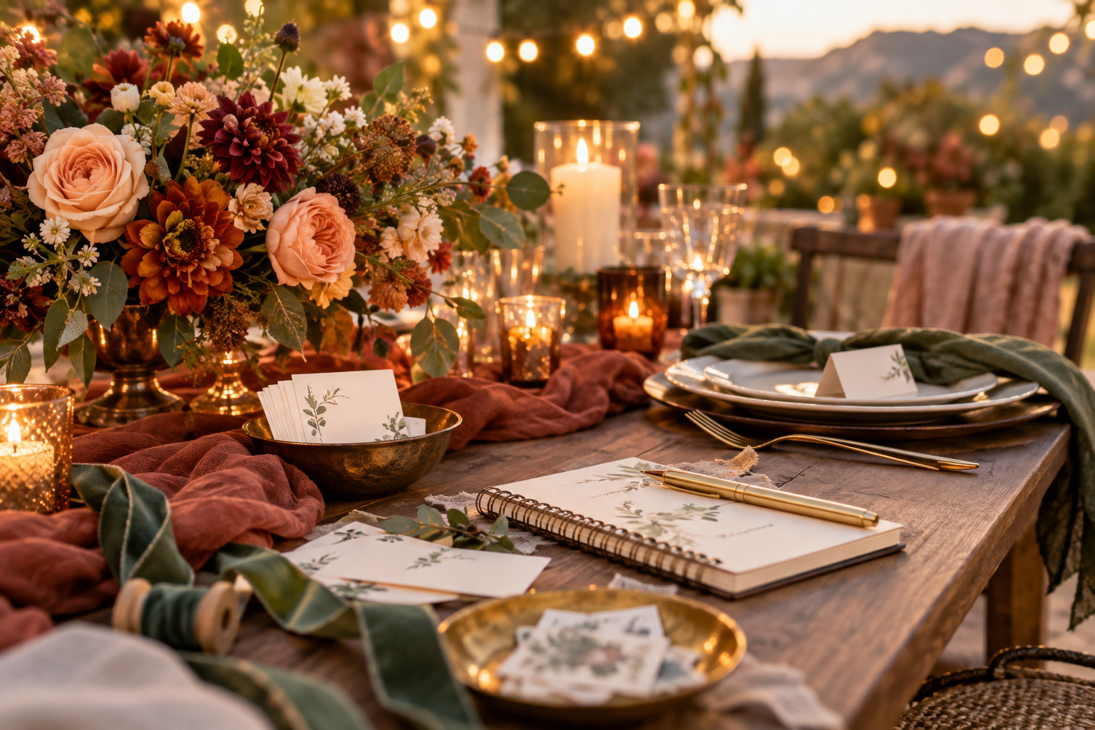 A warm terracotta, green, and gold celebration tablescape with flowers and a planning notebook