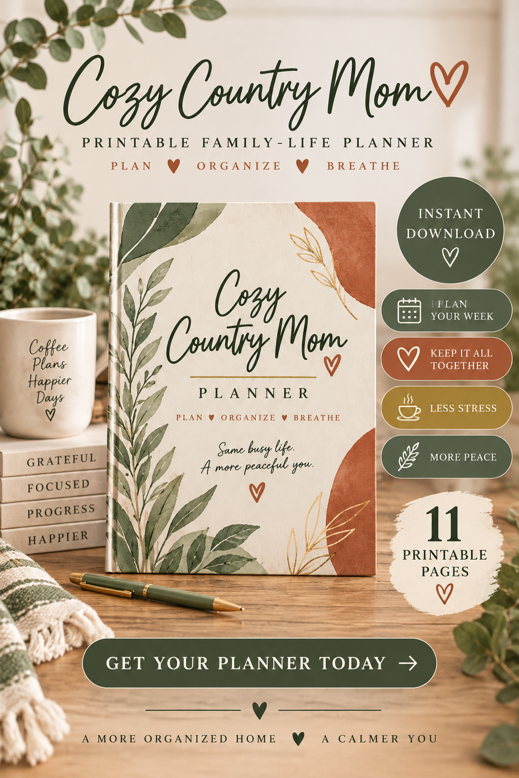 Cozy Country Mom Family-Life Planner cover with a coffee mug and 11 printable pages