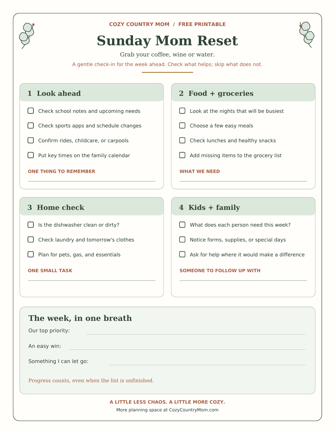 Preview of the free one-page Sunday Mom Reset checklist, with open checkboxes and writing spaces