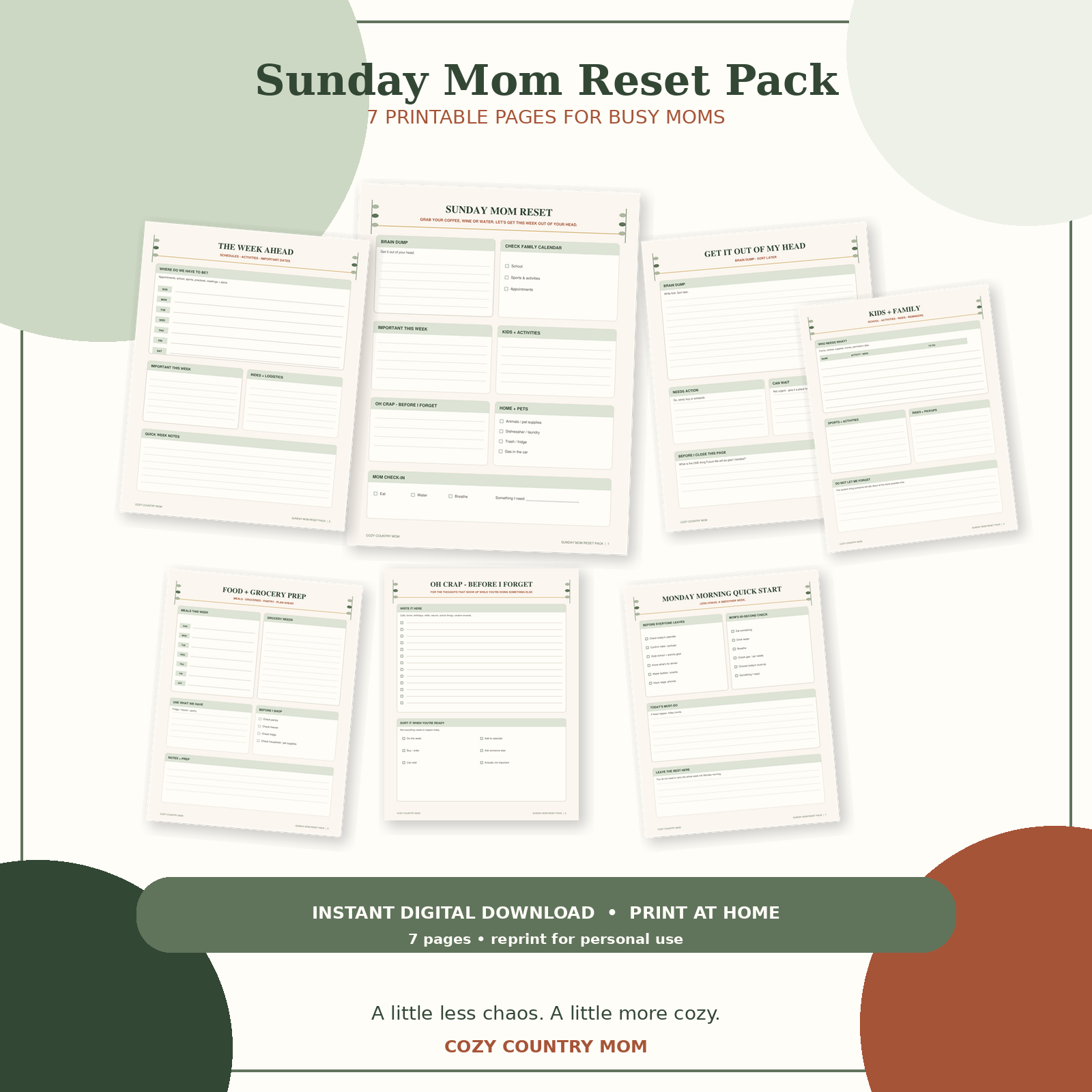 Sunday Mom Reset Pack with a preview of its seven printable pages
