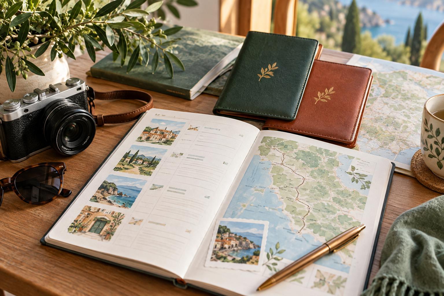 Travel itinerary, map, camera, and green and terracotta passport holders arranged for trip planning
